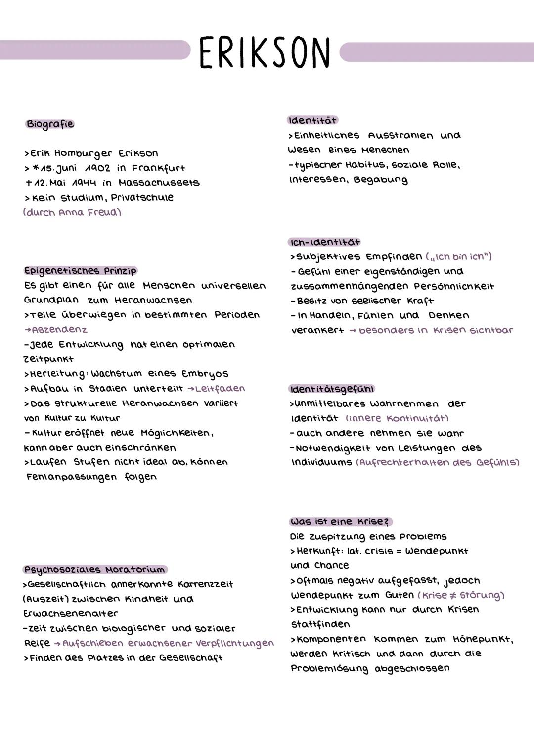 Biografie
ERIKSON
> Erik Homburger Erikson
> *15. Juni 1902 in Frankfurt
+ 12. Mai 1944 in Massachussets
> Kein Studium, Privatschule
(durch