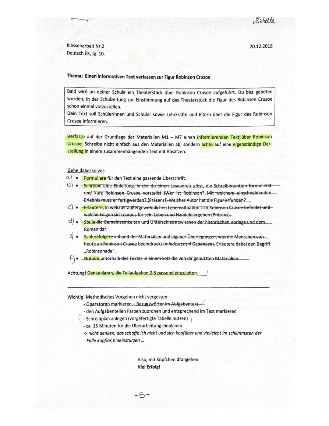 Klassenarbeit Nr.2
Deutsch EK, Jg. 10.
Thema: Einen Informativen Text verfassen zur Figur Robinson Crusoe
Bald wird an deiner Schule ein The