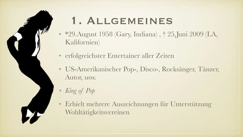 MICHAEL JACKSON
KING OF POP GLIEDERUNG
1.
Popmusik
2. Allgemeines
3. Kindheit und Jugend
4. Solokarriere
5. Quellenangabe ●
●
POPMUSIK
Instr