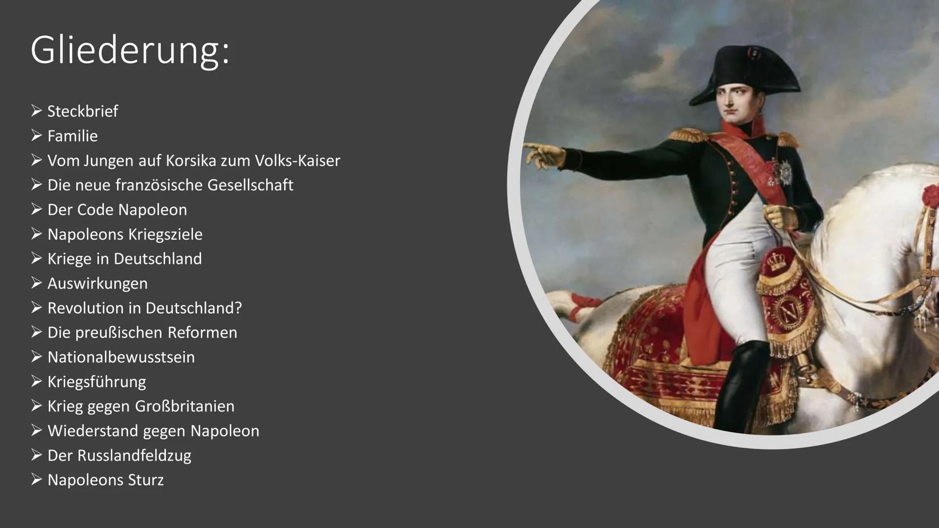 Napoleon Bonaparte
YAG Gliederung:
Steckbrief
Familie
➤ Vom Jungen auf Korsika zum Volks-Kaiser
➤ Die neue französische Gesellschaft
> Der C