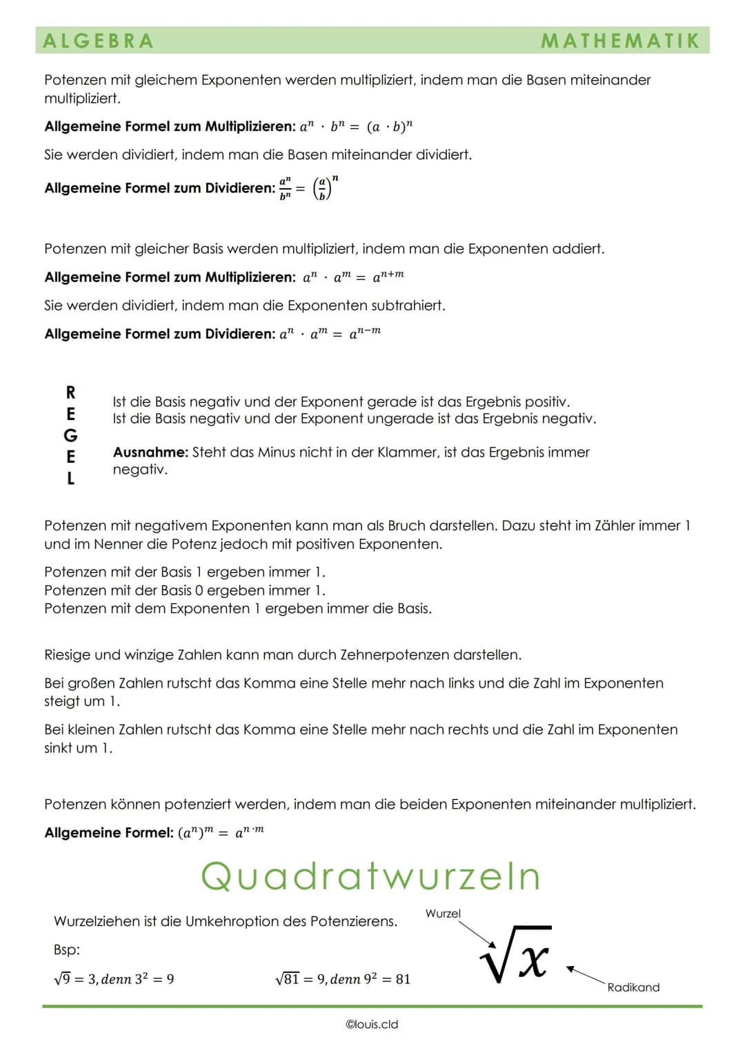 ALGEBRA
Rechengesetze
Punkt vor Strich
Damit ist gemeint, dass wenn in einer Rechnung ein Punkt (oder:) und ein Strich (+ und - )
vorkommen,