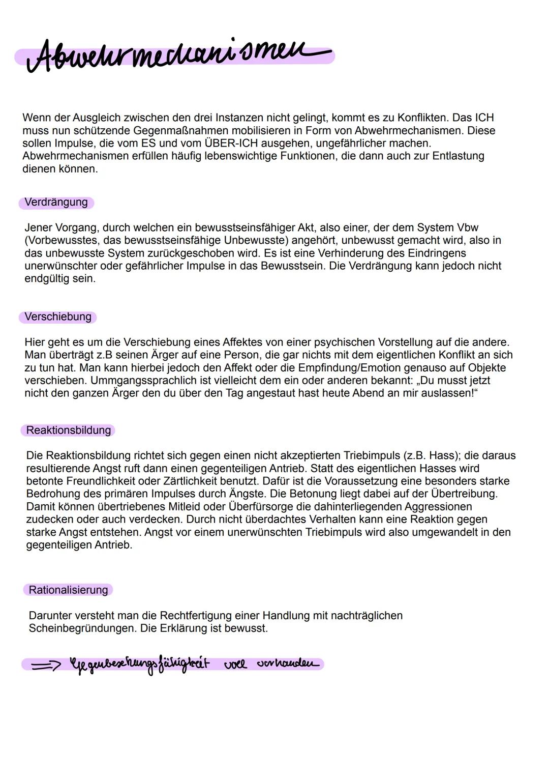 Abweter mecanismen
Wenn der Ausgleich zwischen den drei Instanzen nicht gelingt, kommt es zu Konflikten. Das ICH
muss nun schützende Gegenma