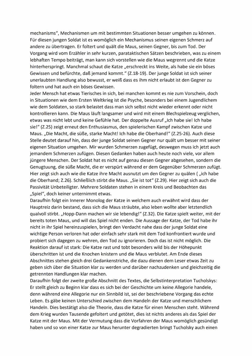 Interpretation zu ,,Die Katze spielt mit der Maus"
Immer wenn sich zwei Menschen gegenüber stehen gibt es einen Stärkeren und einen
Schwäche