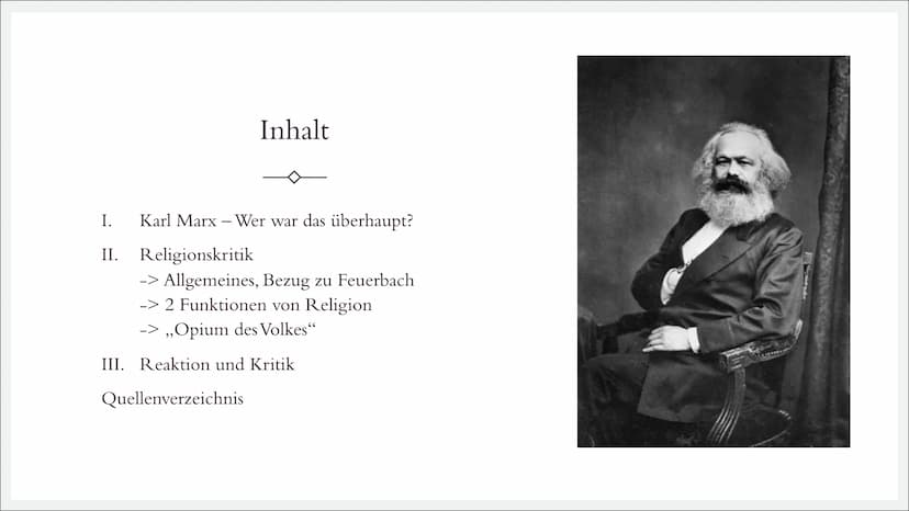 RELIGIONSKRITIK
Karl Marx (1818 – 1883)
|||||| Inhalt
I.
II. Religionskritik
Karl Marx - Wer war das überhaupt?
-> Allgemeines, Bezug zu Feu