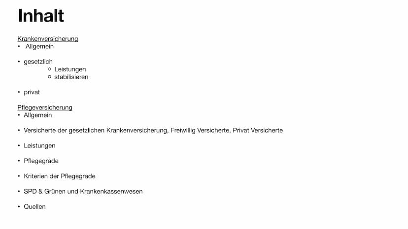 Kranken- & Pflegeversicherung Inhalt
Krankenversicherung
Allgemein
●
●
●
gesetzlich
Pflegeversicherung
Allgemein
Versicherte der gesetzliche