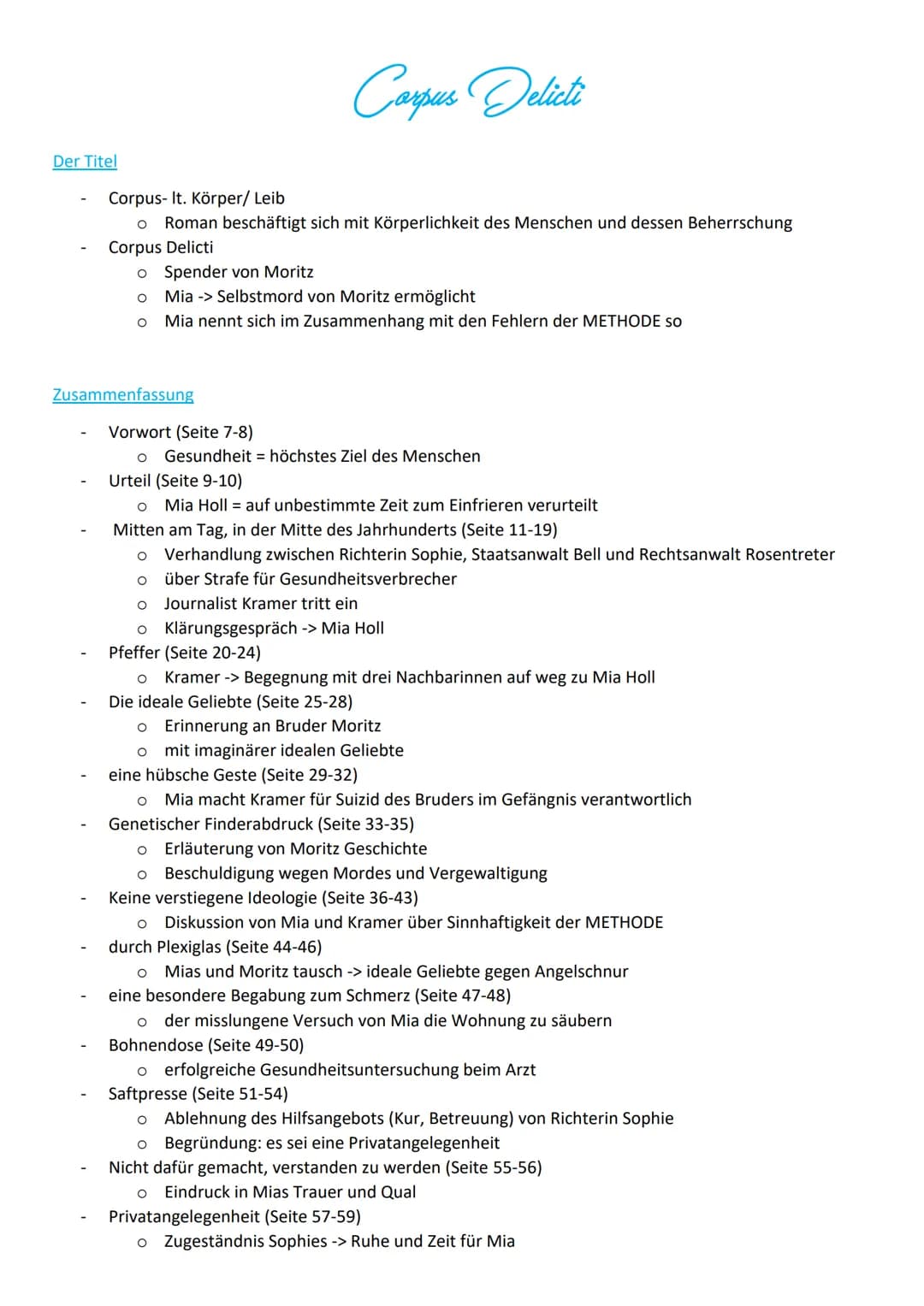 Der Titel
Corpus-It. Körper/ Leib
o Roman beschäftigt sich mit Körperlichkeit des Menschen und dessen Beherrschung
Corpus Delicti
O Spender 