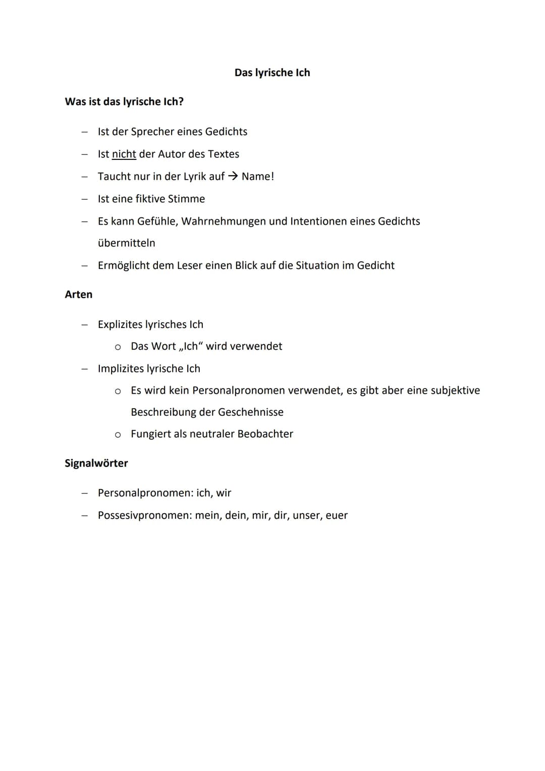Was ist das lyrische Ich?
Arten
Das lyrische Ich
Ist der Sprecher eines Gedichts
Ist nicht der Autor des Textes
Taucht nur in der Lyrik auf 