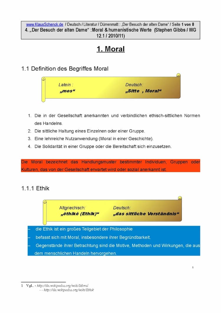 Know "Besuch der alten Dame"/ Dürrenmatt: Moral und humanistische Werte  thumbnail