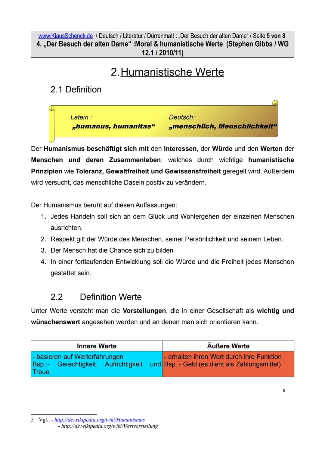 www.KlausSchenck.de / Deutsch / Literatur / Dürrenmatt: „Der Besuch der alten Dame" / Seite 1 von 8
4. ,,Der Besuch der alten Dame" :Moral &