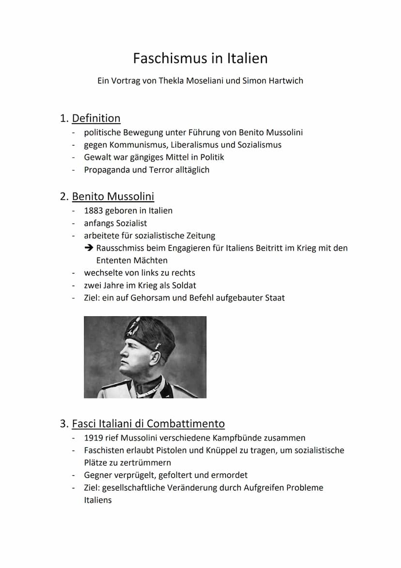 1. Definition
-
Faschismus in Italien
Ein Vortrag von Thekla Moseliani und Simon Hartwich
-
politische Bewegung unter Führung von Benito Mus