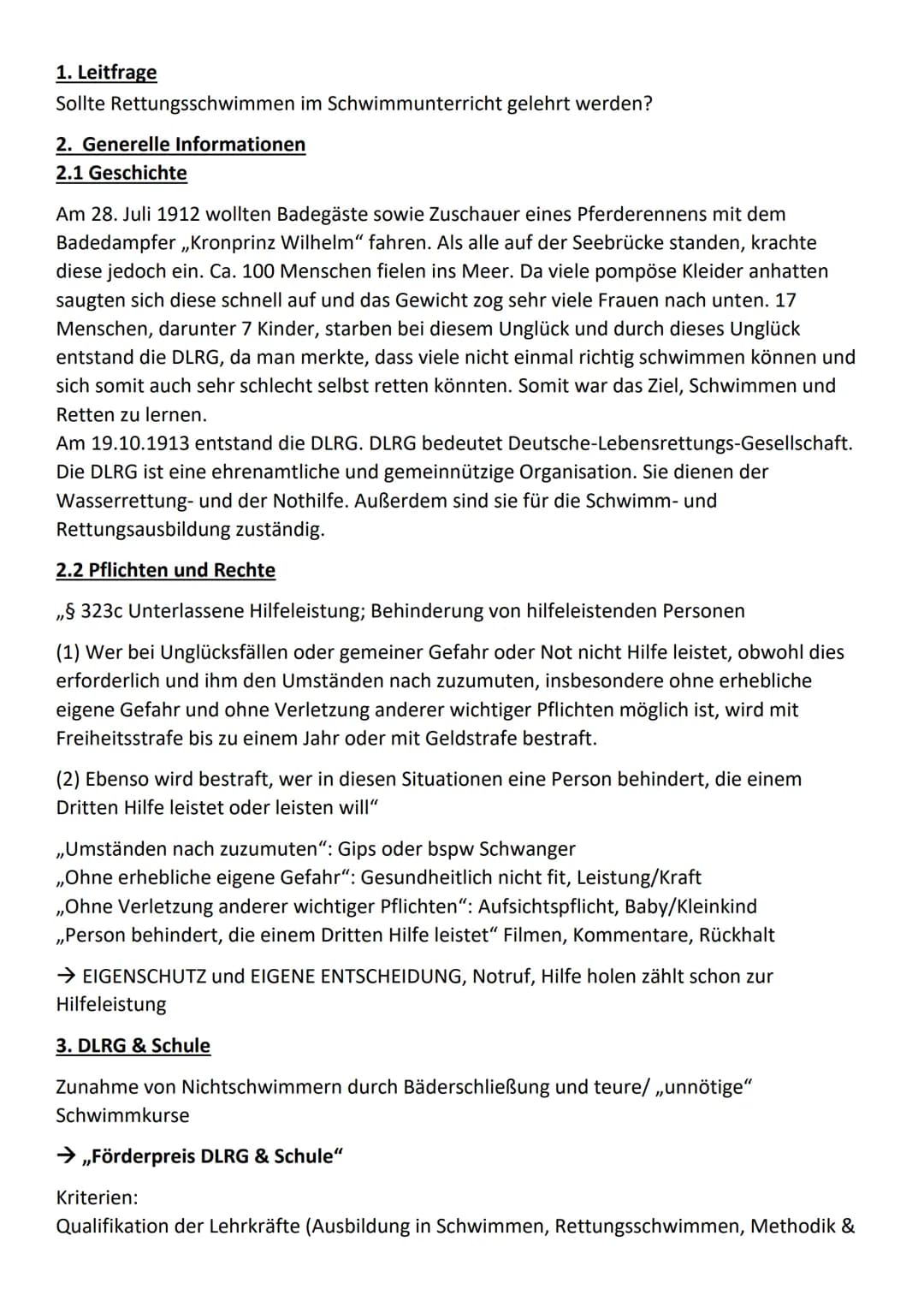 -Gymnasium
Leistungskurs Sport
Fachlehrer: Herr
Handout GFS: Rettungsschwimmen
1. Leitfrage: Sollte Rettungsschwimmen im
Schwimmunterricht g