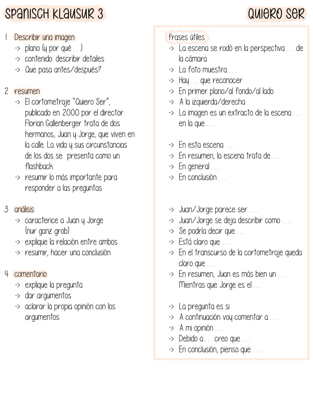 SPANISCH Klausur 3
I Describir una imagen
-> plano (y por qué ...)
-> contenido: describir detailes
-> Que pasa antes/después?
2 resumen
-> 