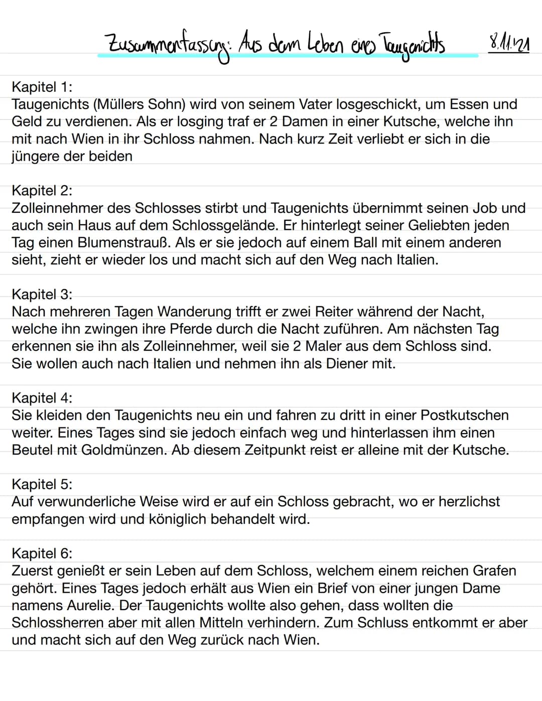 Zusammenfassung: Aus dem Leben eines Taugenichts
8.11.21
Kapitel 1:
Taugenichts (Müllers Sohn) wird von seinem Vater losgeschickt, um Essen 