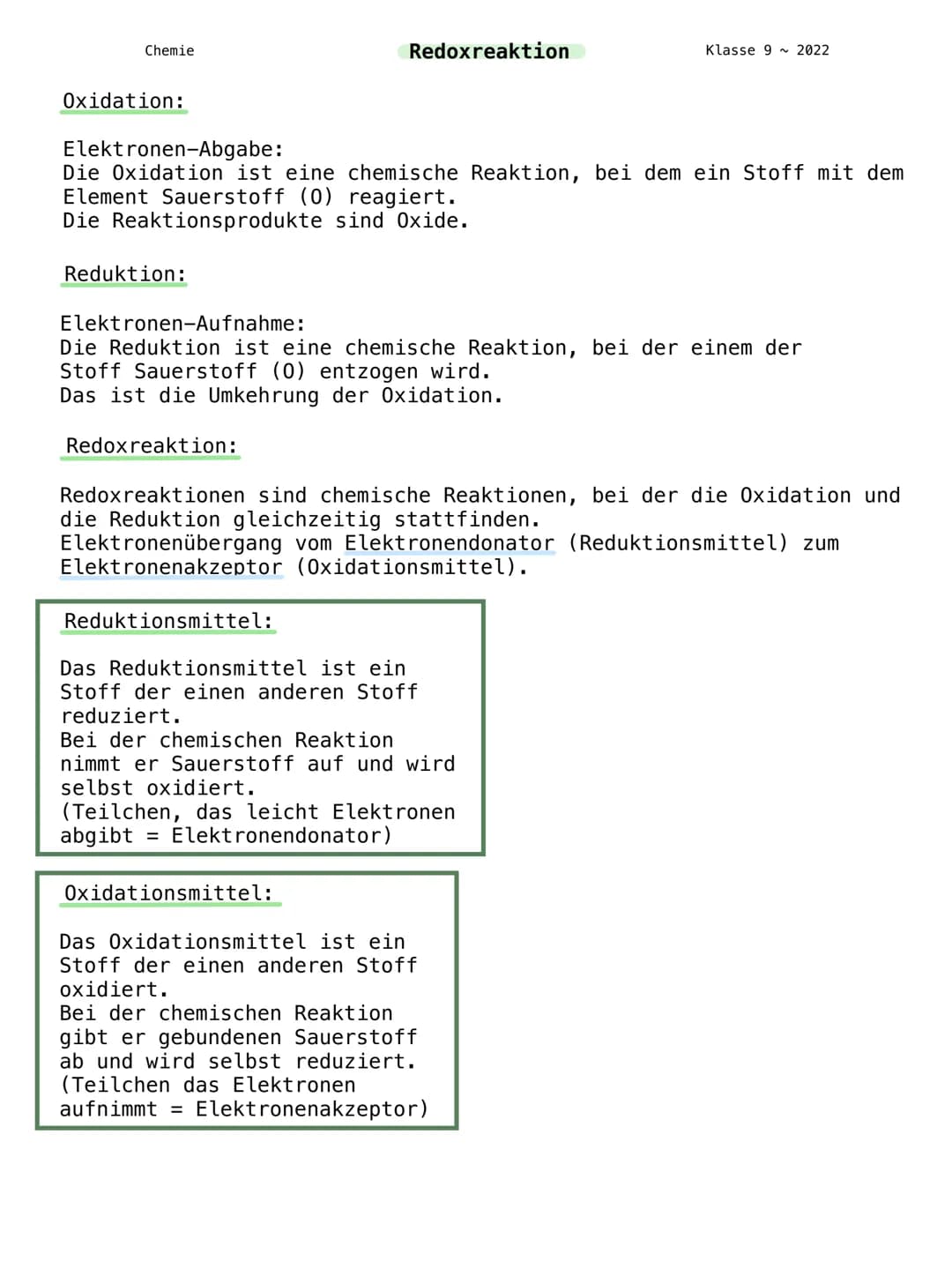 Chemie
Oxidation:
Reduktion:
Elektronen-Abgabe:
Die Oxidation ist eine chemische Reaktion, bei dem ein Stoff mit dem
Element Sauerstoff (0) 