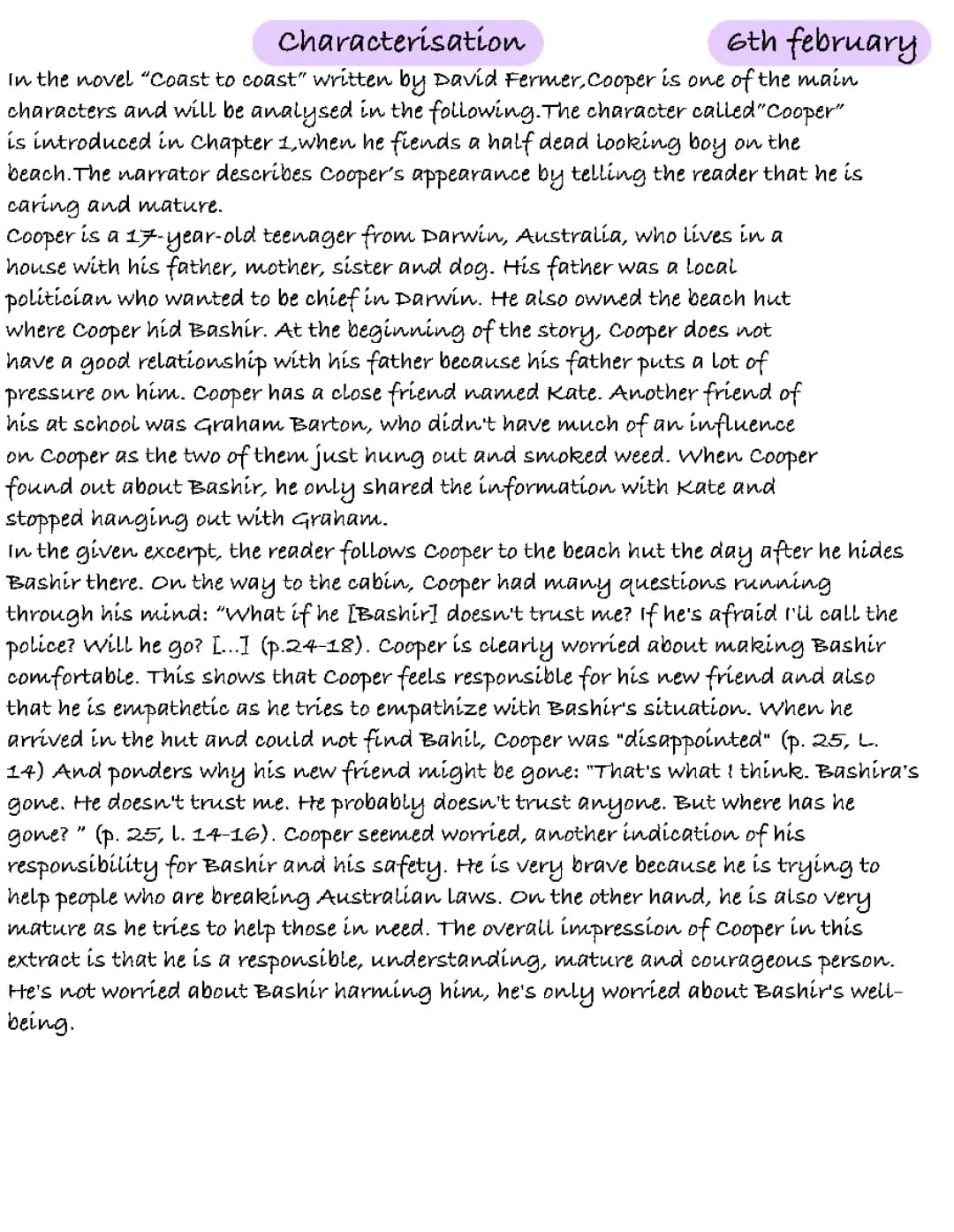 Characterisation ‘‘Coast to Coast‘‘