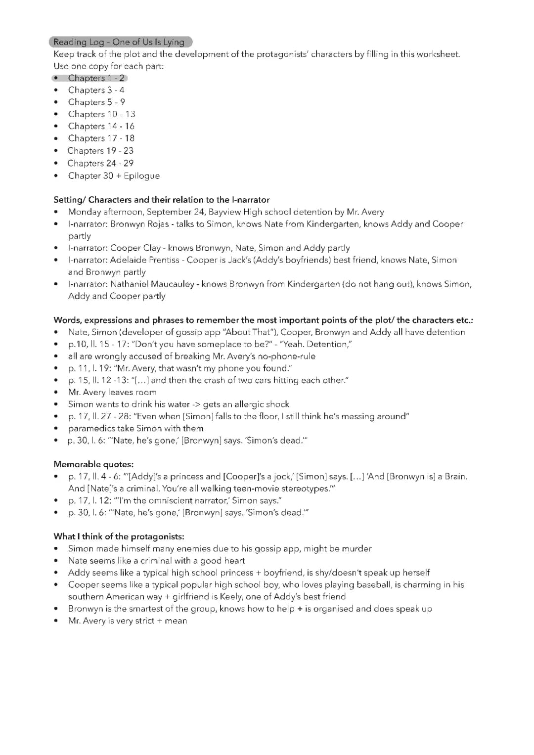 One of Us Is Lying by Karen M. McManus - Comprehensive Reading Analysis