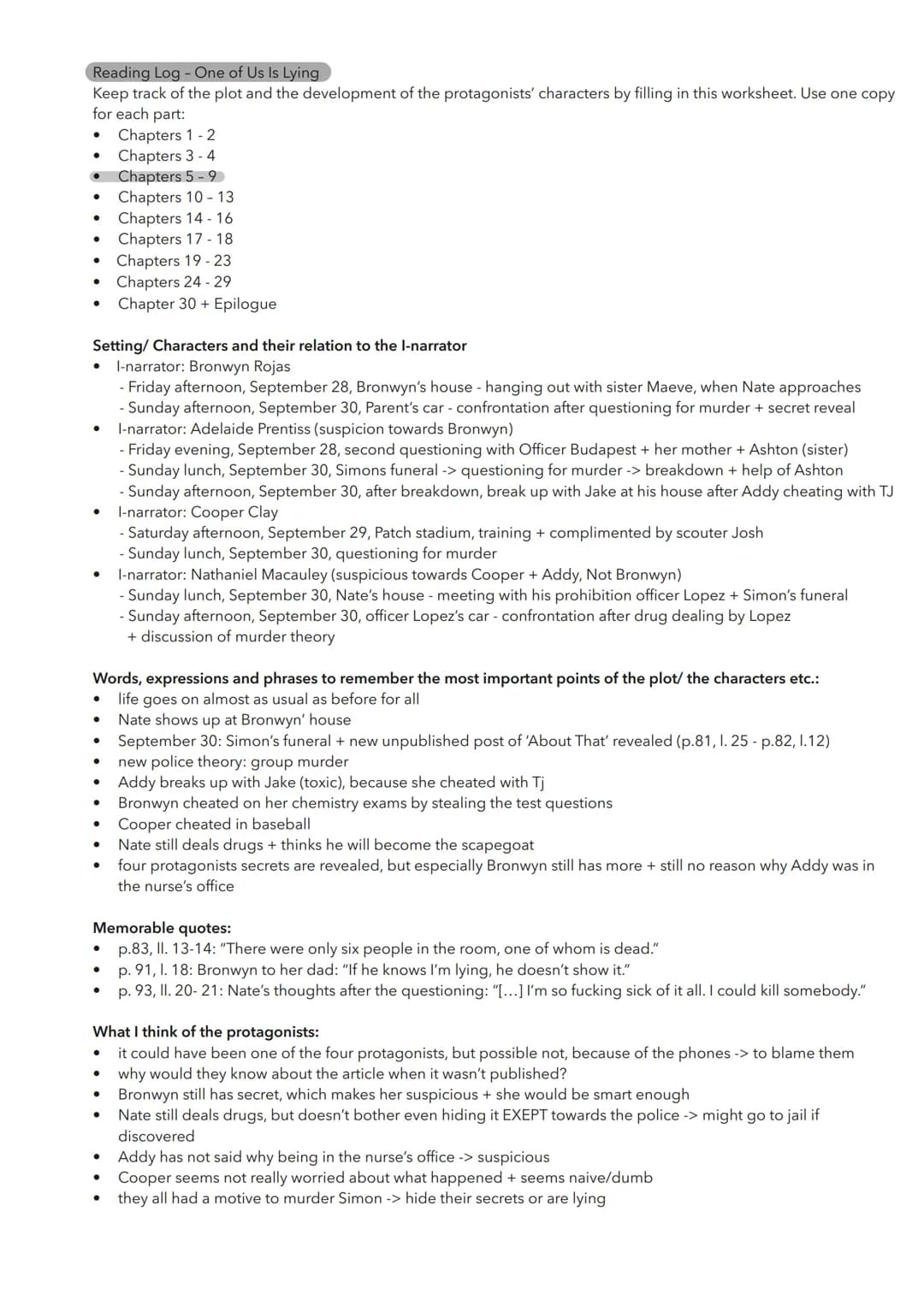 Reading Log - One of Us Is Lying
Keep track of the plot and the development of the protagonists' characters by filling in this worksheet.
Us