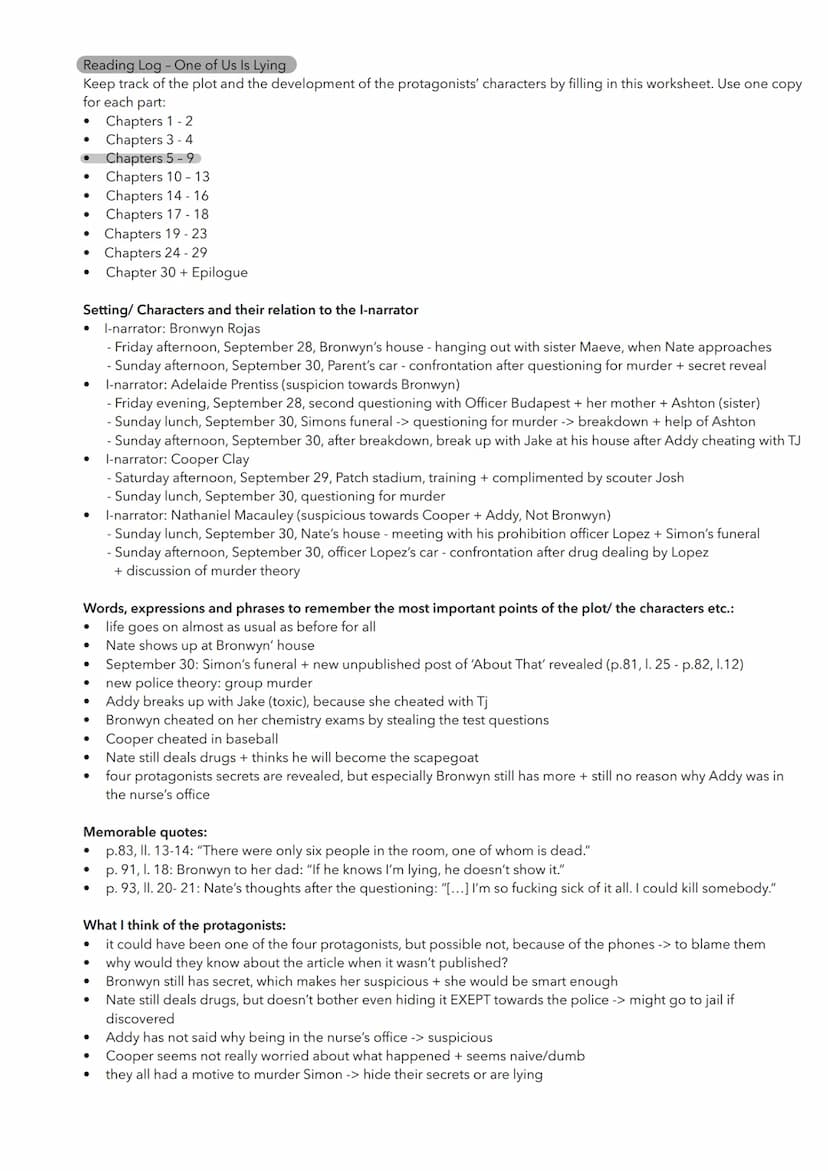 Reading Log - One of Us Is Lying
Keep track of the plot and the development of the protagonists' characters by filling in this worksheet.
Us
