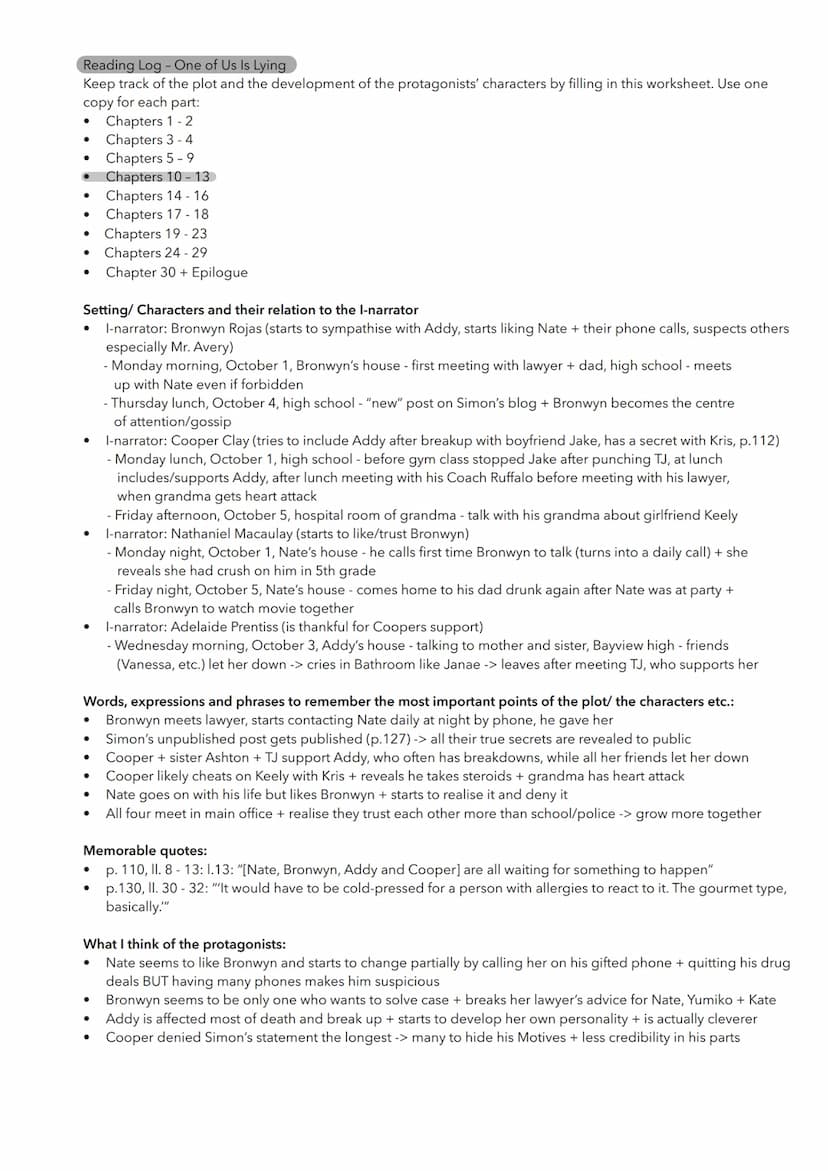 Reading Log - One of Us Is Lying
Keep track of the plot and the development of the protagonists' characters by filling in this worksheet.
Us