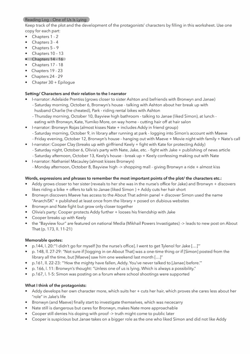 Reading Log - One of Us Is Lying
Keep track of the plot and the development of the protagonists' characters by filling in this worksheet.
Us
