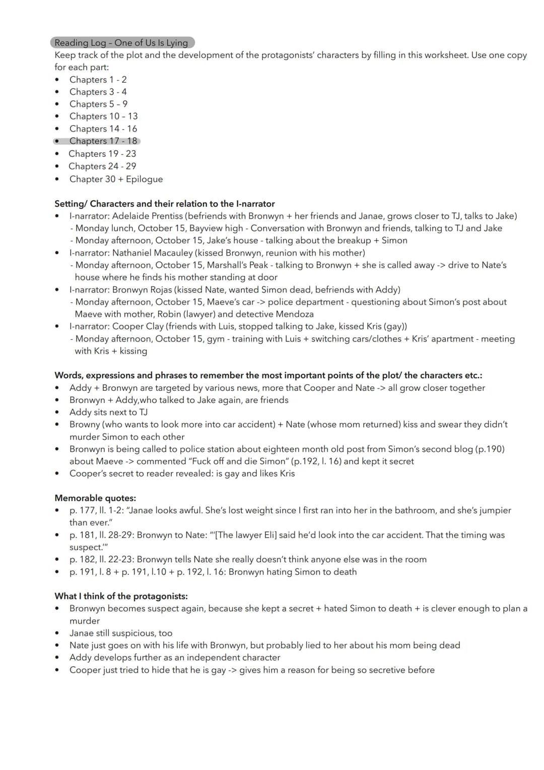 Reading Log - One of Us Is Lying
Keep track of the plot and the development of the protagonists' characters by filling in this worksheet.
Us