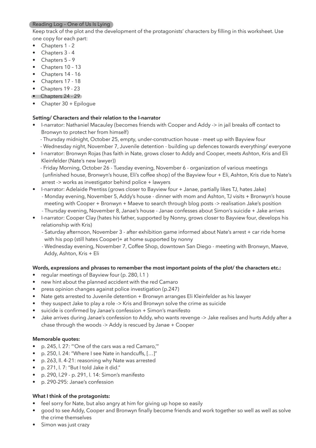 Reading Log - One of Us Is Lying
Keep track of the plot and the development of the protagonists' characters by filling in this worksheet.
Us