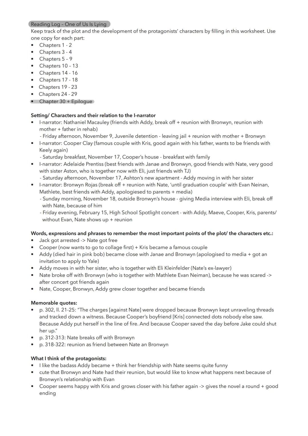 Reading Log - One of Us Is Lying
Keep track of the plot and the development of the protagonists' characters by filling in this worksheet.
Us