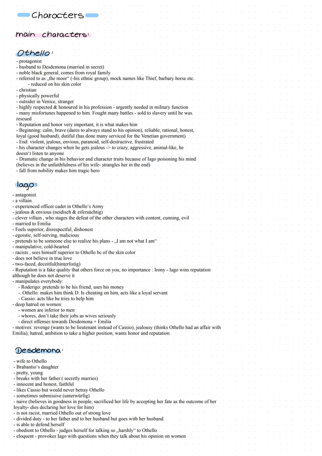 Characters
main characters:
Othello:
- protagonist
- husband to Desdemona (married in secret)
- noble black general, comes from royal family