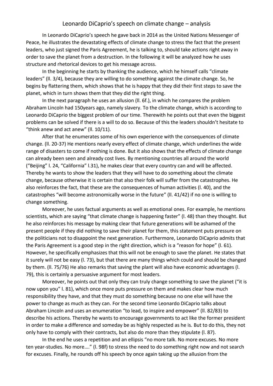 Leonardo DiCaprio's speech on climate change - analysis
In Leonardo DiCaprio's speech he gave back in 2014 as the United Nations Messenger o