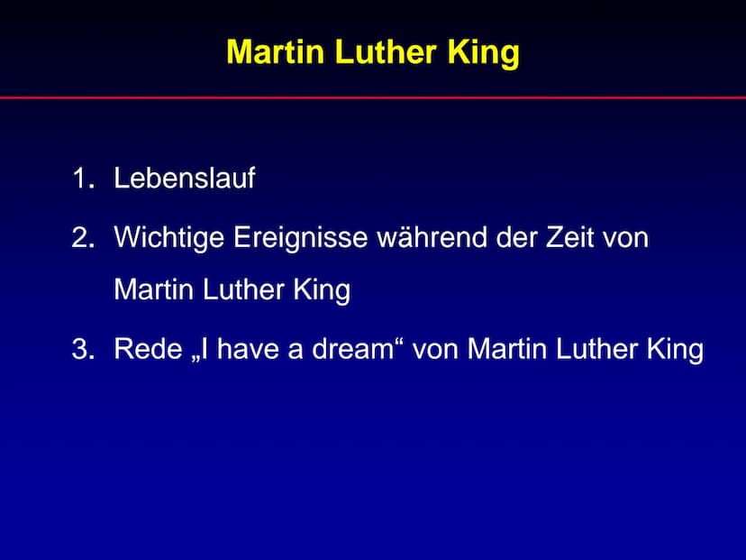 Martin Luther King
Referat Martin Luther King
1. Lebenslauf
2. Wichtige Ereignisse während der Zeit von
Martin Luther King
3. Rede „I have a