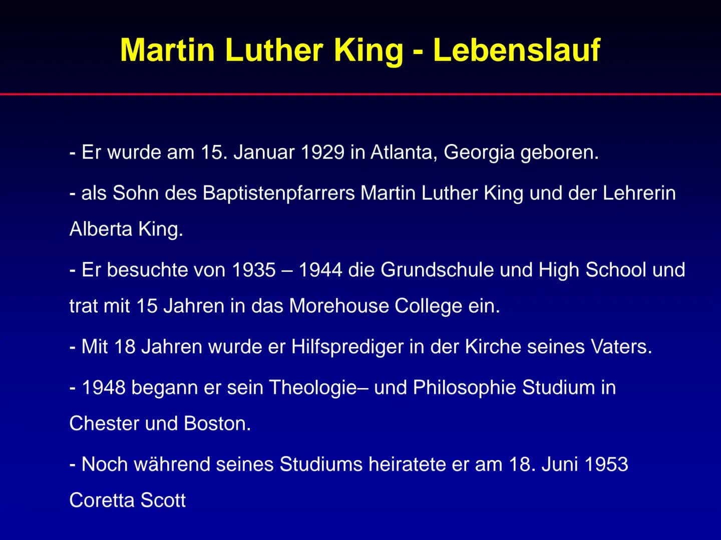 Martin Luther King
Referat Martin Luther King
1. Lebenslauf
2. Wichtige Ereignisse während der Zeit von
Martin Luther King
3. Rede „I have a