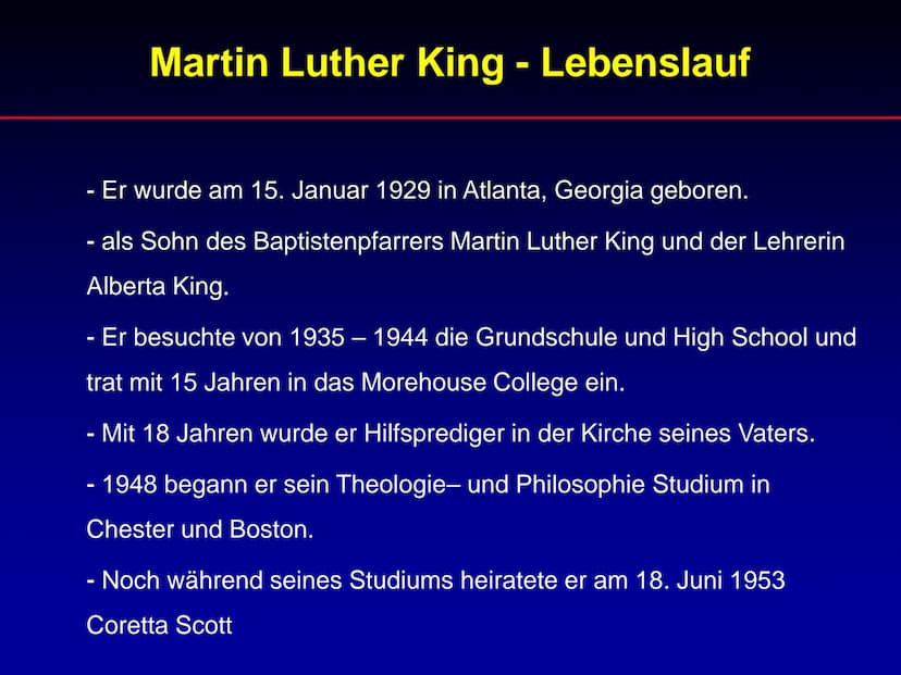 Martin Luther King
Referat Martin Luther King
1. Lebenslauf
2. Wichtige Ereignisse während der Zeit von
Martin Luther King
3. Rede „I have a