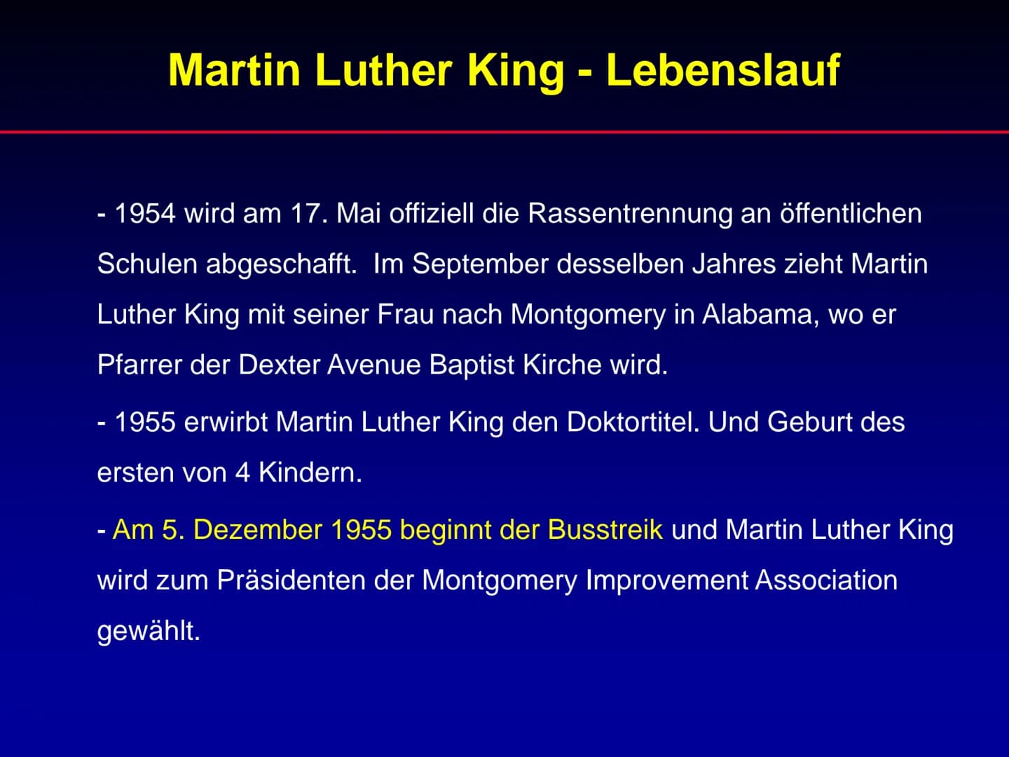 Martin Luther King
Referat Martin Luther King
1. Lebenslauf
2. Wichtige Ereignisse während der Zeit von
Martin Luther King
3. Rede „I have a