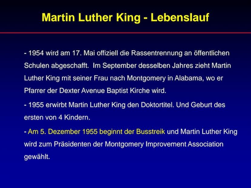 Martin Luther King
Referat Martin Luther King
1. Lebenslauf
2. Wichtige Ereignisse während der Zeit von
Martin Luther King
3. Rede „I have a