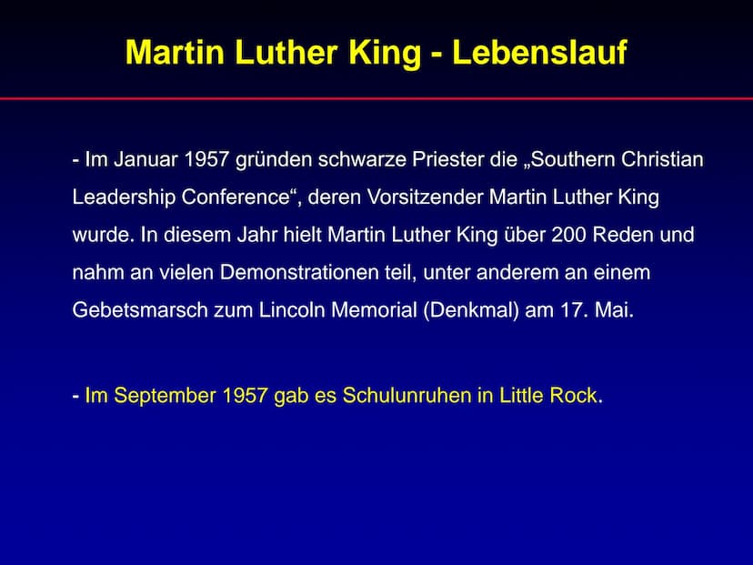 Martin Luther King
Referat Martin Luther King
1. Lebenslauf
2. Wichtige Ereignisse während der Zeit von
Martin Luther King
3. Rede „I have a