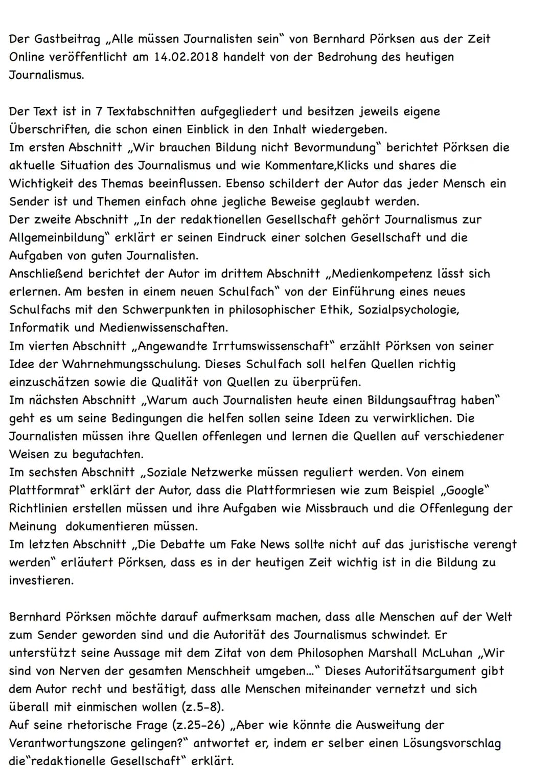 
<p>Der Gastbeitrag „Alle müssen Journalisten sein" von Bernhard Pörksen aus der Zeit Online, veröffentlicht am 14.02.2018, handelt von der 