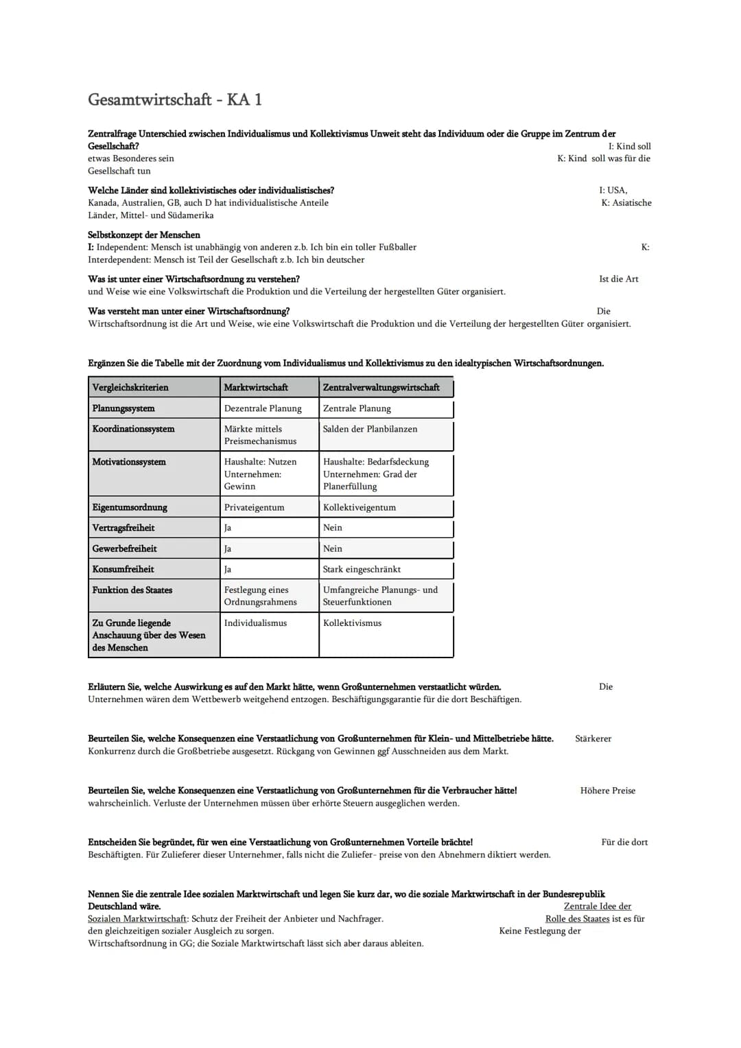 Gesamtwirtschaft - KA 1
Zentralfrage Unterschied zwischen Individualismus und Kollektivismus Unweit steht das Individuum oder die Gruppe im 
