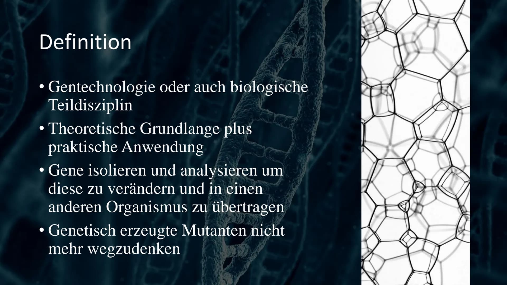 Gentechnik Gliederung
• Definition
• Geschichte
●
• Anwendungsgebiete
●
• Techniken
• Polymerase- Kettenreaktion
DANN- Sequenzierung
Klonier