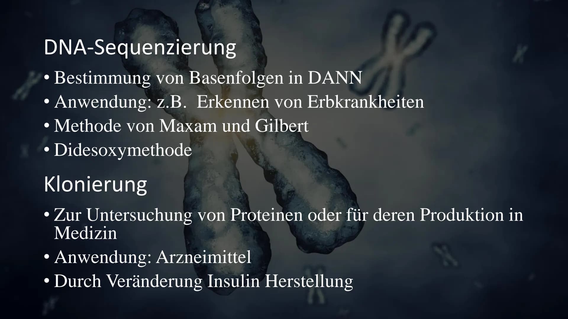 Gentechnik Gliederung
• Definition
• Geschichte
●
• Anwendungsgebiete
●
• Techniken
• Polymerase- Kettenreaktion
DANN- Sequenzierung
Klonier