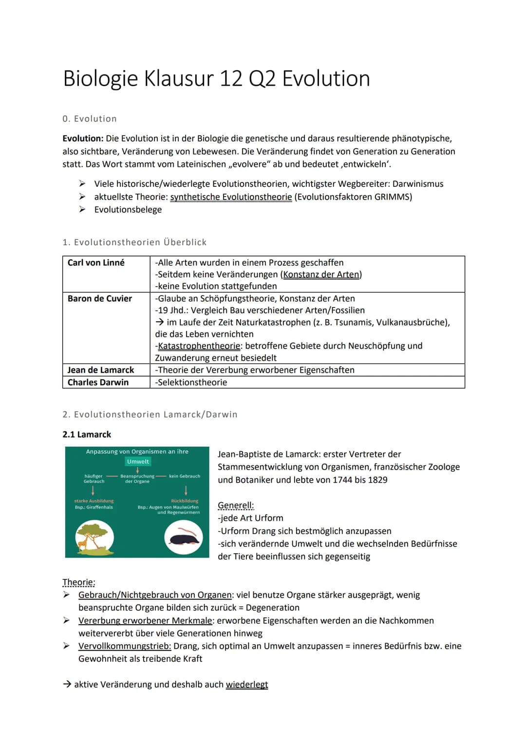 Biologie Klausur 12 Q2 Evolution
0. Evolution
Evolution: Die Evolution ist in der Biologie die genetische und daraus resultierende phänotypi