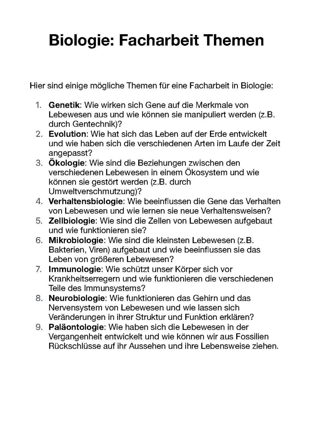 Biologie Facharbeit Themen für die Oberstufe - Experimente, Krankheiten und Tiere