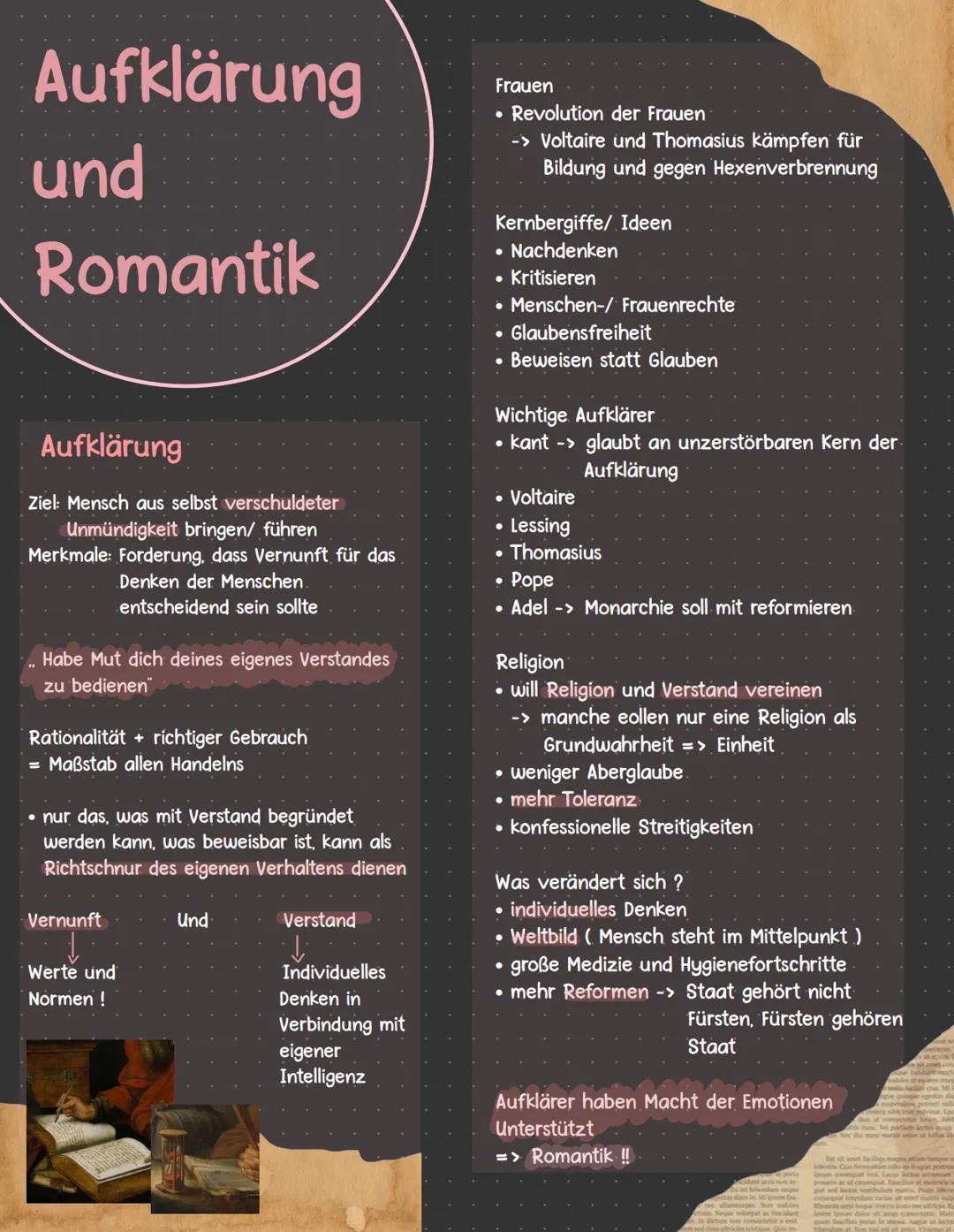 # Aufklärung
und
Romantik

Aufklärung

Ziel: Mensch aus selbst verschuldeter
Unmündigkeit bringen/ führen

Merkmale: Forderung, dass Vernunf
