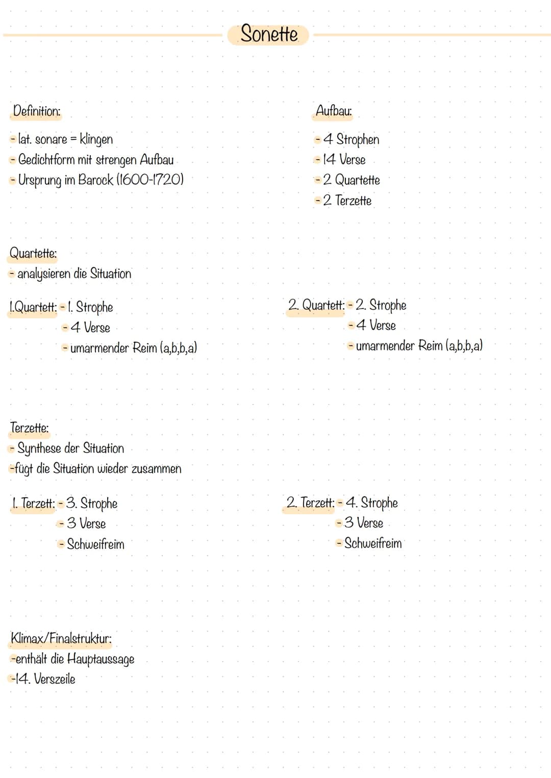 Definition:
- lat. sonare = klingen
Gedichtform mit strengen Aufbau.
- Ursprung im Barock (1600-1720)
Quartette:
- analysieren die Situation
