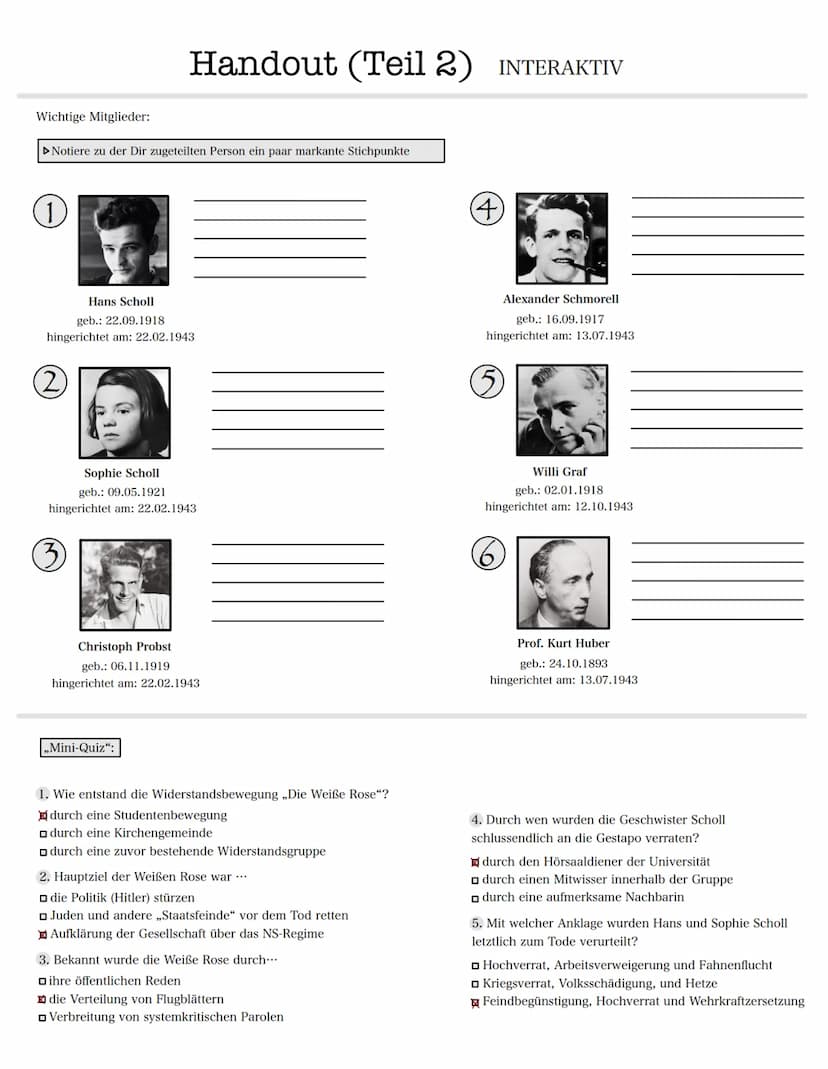Die ,,Weiße Rose"
Widerstand im Nationalsozialismus
Hintergrund-Informationen:
Arten von Widerstand: (Beispiele)
aktiv:
• Aufstände
• Attent