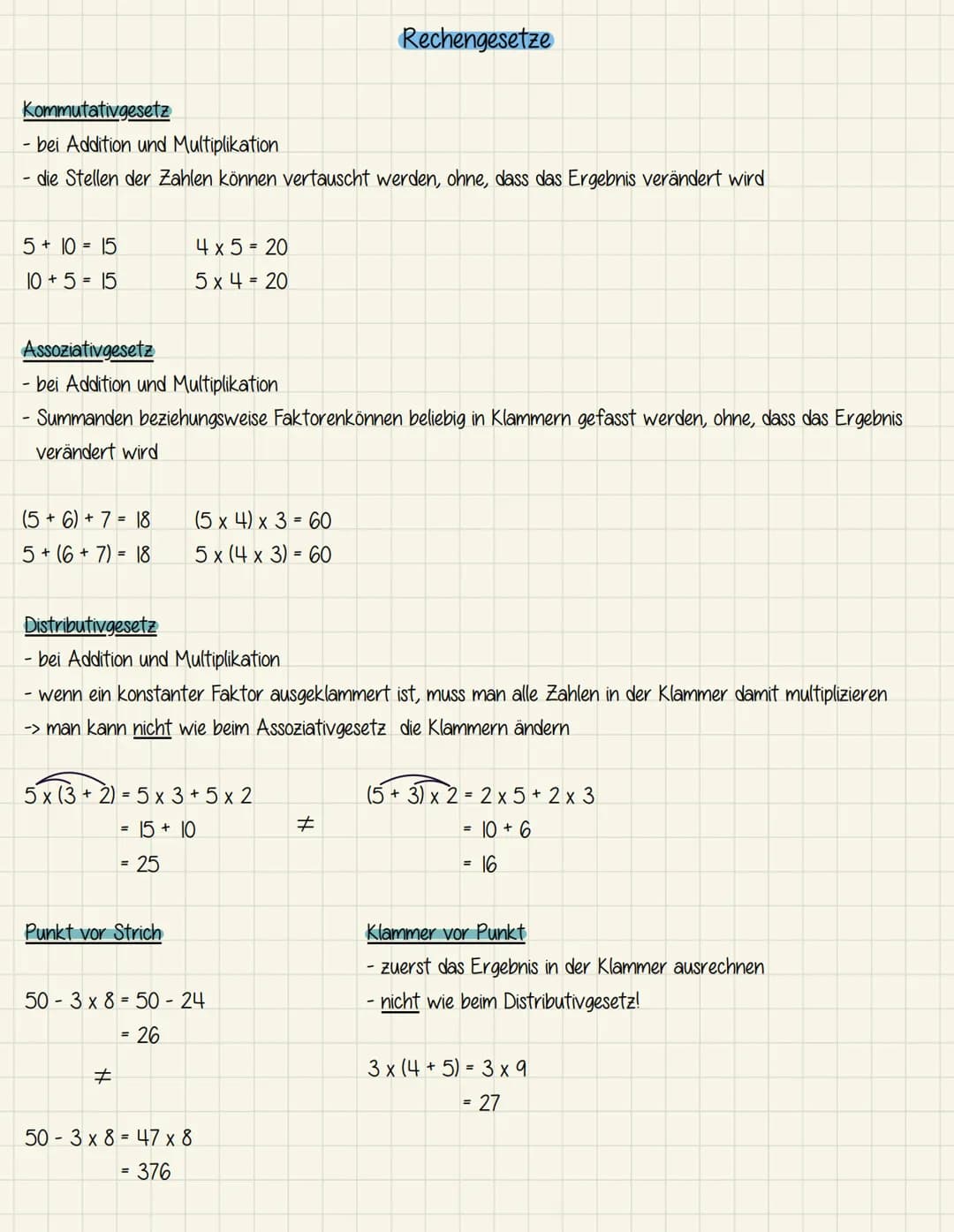 Kommutativgesetz
- bei Addition und Multiplikation
- die Stellen der Zahlen können vertauscht werden, ohne, dass das Ergebnis verändert wird