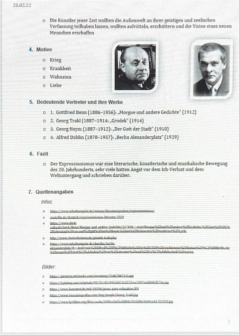25.02.22
Handout ,,Expressionismus
1. Allgemein
o Stilrichtung der Literatur, bildenden Kunst und Musik
o Leitet sich von den lateinischen W
