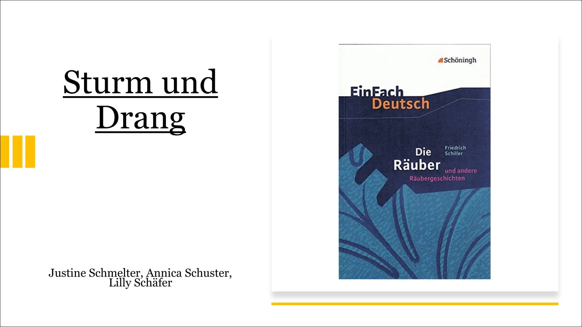 III
Sturm und
Drang
Justine Schmelter, Annica Schuster,
Lilly Schäfer
Ein Fach
Deutsch
Die
Räuber
Schöningh
Friedrich
Schiller
und andere
Rä