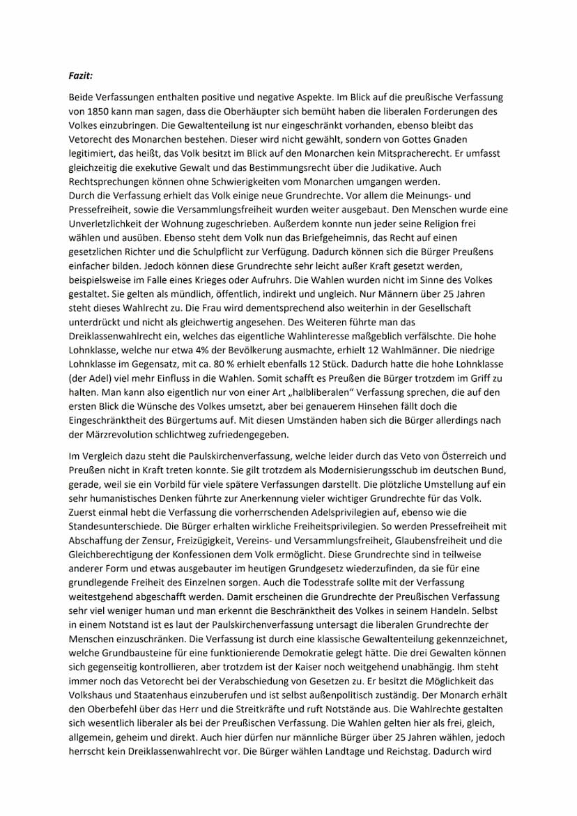 Verfassungsvergleich
Preußische Verfassung 1850
Herrschaftsform: konstitutionelle Monarchie
König von Gottes Gnaden
Rechte des Staatsoberhau