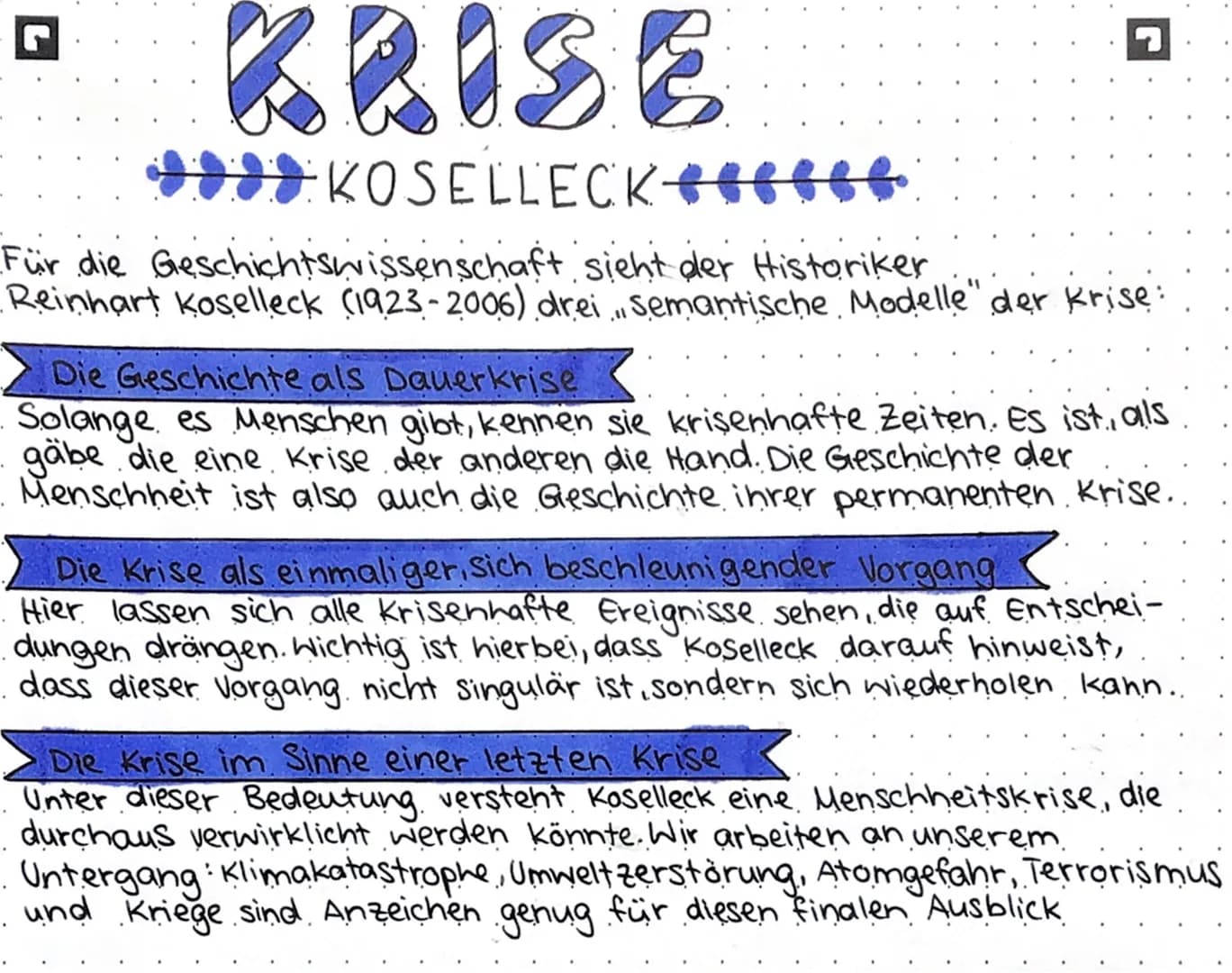 KRISE
KOSELLECK
Für die Geschichtswissenschaft sieht der Historiker
Reinhart Koselleck (1923-2006) dreisemantische Modelle der Krise:
Die Ge