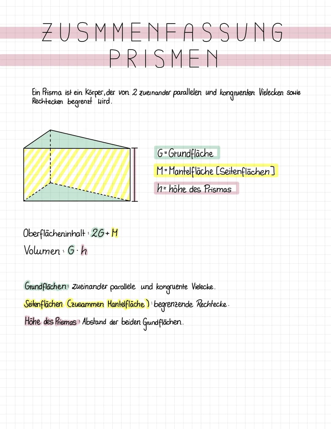 ZUSMMENFASSUNG
PRISMEN
Ein Prisma ist ein Körper, der von 2 zueinander parallelen und kongruenten Vielecken sowie
Rechtecken begrenzt wird.
